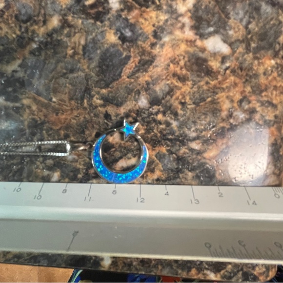 🌔Lovely Crescent Blue Fire Opal Moon and Star Sterling Silver Necklace! - Picture 6 of 11
